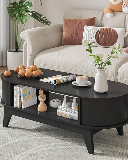 Coffee Table with 2 Hidden Storage,Mid Century Modern Coffee Table with Fluted Finish,Wood Center Tables Oval Coffee Tables with Flip-Top Lids for Living Room Home Office (Black)
