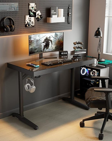 EUREKA ERGONOMIC RGB LED Gaming Desk, Music Sync Lights Up Tempered Glass Desktop, 43" GTG I43 Home Office Computer Table W Controller Rack 4 USB Charging Ports, APP Control