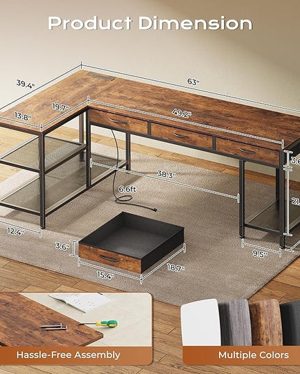 PRAISUN 63 Inch L Shaped Office Desk with Power Outlets and Type-C Port, Large Computer Gaming Desk with 3 Fabric Drawers, Mesh Shelves, Corner Study Work Writing Desk, Rustic Brown