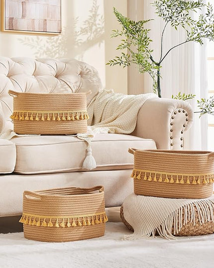 Storage Bins Woven Baskets for Storage Set of 3, Cotton Rope Basket with Handles for Toys/Shelves/Laundry, Rectangle Multi-Purpose Organizer for Living Room, Bedroom, Nursery (Brown)