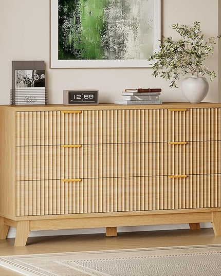 BORNOON 53" Long Dresser for Bedroom, 6-Drawer Dresser with Fluted Fronts, Wide Wood Chest of Drawers, Smooth Metal Slides, Stable Base, Modern Clothes Storage Cabinet for Living Room, Hallway