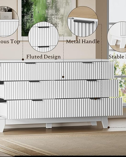 BORNOON 53" Long Dresser for Bedroom, 6-Drawer Dresser with Fluted Fronts, Wide Wood Chest of Drawers, Smooth Metal Slides, Stable Base, Modern Clothes Storage Cabinet for Living Room, Hallway