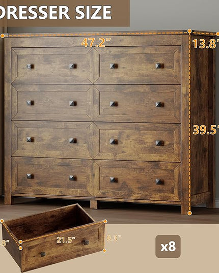 BORNOON Tall 8-Drawer Dresser, Modern Wooden Storage Chest of Drawers, Dresser TV Stand, Wood Drawer Organizer with Metal Handles for Bedroom, Living Room, Hallway