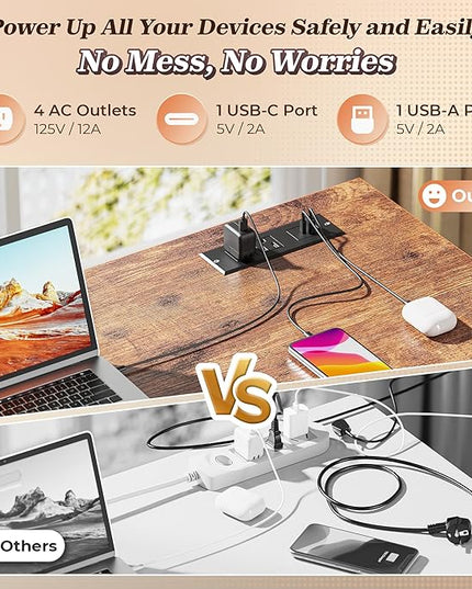PRAISUN 43.3" Small Computer Desk with Power Outlets and USB-C Port, Reversible L Shaped Corner Office Desk with 4 Fabric Drawers and 2 Height-Adjustable Shelves, for Gaming Writing, Rustic Brown