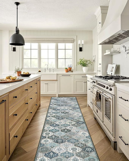 Lahome Moroccan Hallway Runner Rug Non Slip, 2x10 Washable Runner Rugs for Hallway 2x10 Vintage Ultra-Thin Throw Long Carpet for Kitchen Entryway Bedroom Laundry Room, Blue