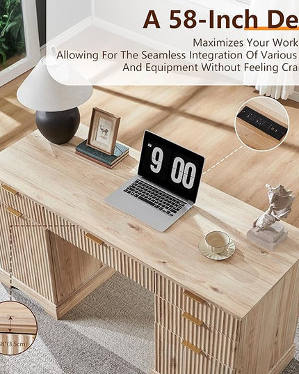 JXQTLINGMU 58" Modern Executive Desk with Storage, Wood Home Office Desk with 5 Drawers & 1 Cabinet, Fluted Computer Writing Desk for Study, Living Room, Bedroom, Oak