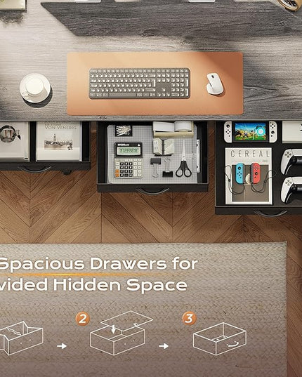 PRAISUN 55 Inch L Shaped Office Desk with Power Outlets and Type-C Port, Large Computer Gaming Desk with 3 Fabric Drawers, Mesh Shelves, Corner Study Work Writing Desk, Grey