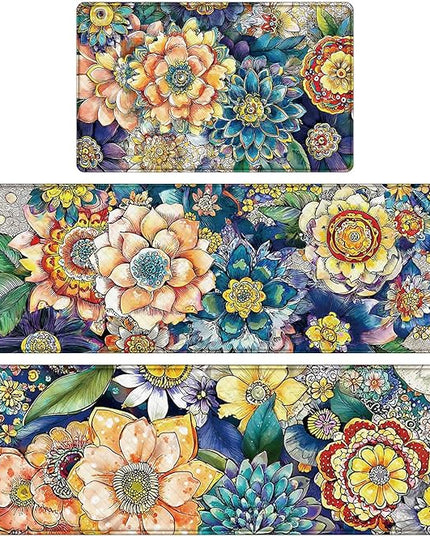 Dunzy 3 Pcs Anti Fatigue Boho Floral Rugs Mats for Kitchen Floor Non Slip Cushioned Waterproof Standing Runner Anti Fatigue Memory Foam Padded Rug for Sink Laundry Home, 17 x29 17 x47, 17 x59