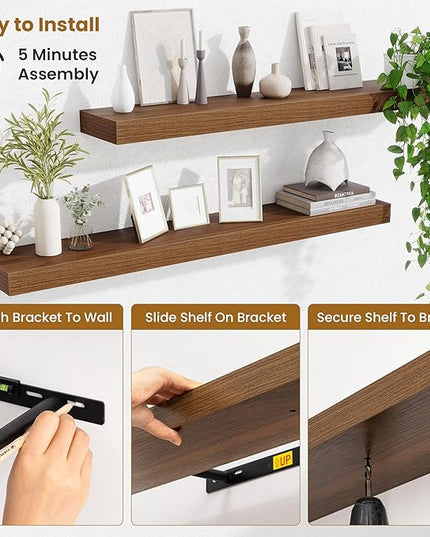 Fun Memories 40 Inch Floating Shelves, Long Wood Wall Shelf Set of 2 with Invisible Brackets, for Bathroom, Living Room, Bedroom, Kitchen, Walnut