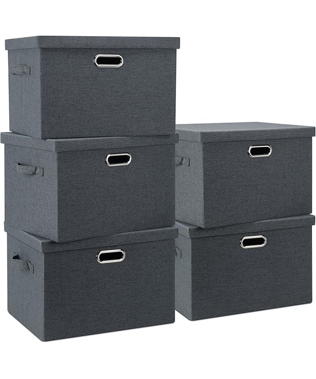 Large 17" 36 Quart Collapsible Stackable Storage Bins with Lids, 5 Packs Dark Gray Foldable Fabric Closet Storage Boxes with Lids Heavy-duty Linen Cube Baskets(17 x 12 x 11)