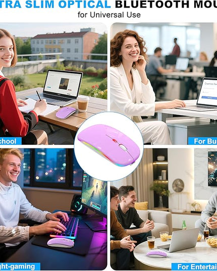 Azmall Bluetooth Wireless Mouse, Slim LED Rechargeable Silent Mouse with 2.4GHz USB-A/USB-C Receiver & Type-C Adapter, Compatible with Laptop, MacBook, iPad, iPad Pro,Mac,Tablet - Purple