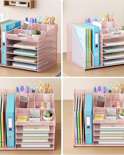 Lavatino 5-Tier Desk Organizer with 2 File Holders, Metal Adjustable Paper Letter Tray for Office or Home Desk Organizers and Accessories | 7 Flexible Dividers Keep Workspace Supplies Neat, Pink