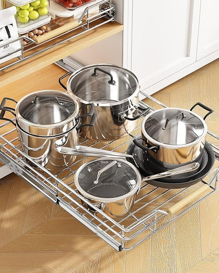 Pull out Cabinet Organizer, 15"W X 21"D, Heavy Duty Smooth Sliding Under Cabinet Shelves for Pots and Pans, Full-Extension Roll out Drawers, Slide out Organization for Home Kitchen Pantry