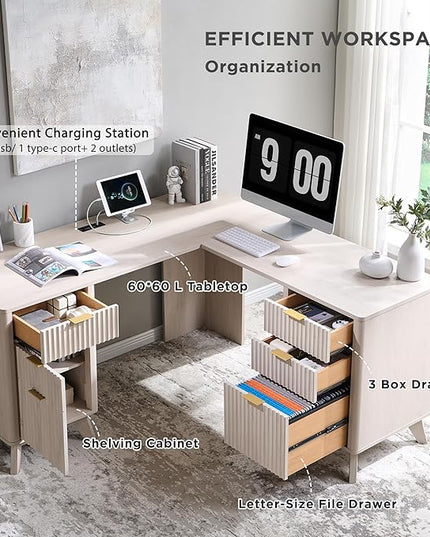 T4TREAM 60" Fluted Executive L Shaped Desk, Modern Home Office Desk with Charging Station and File Drawer, Computer Corner Desks with Drawers & Storage Cabinet for Office Home, Bedroom, Alder White