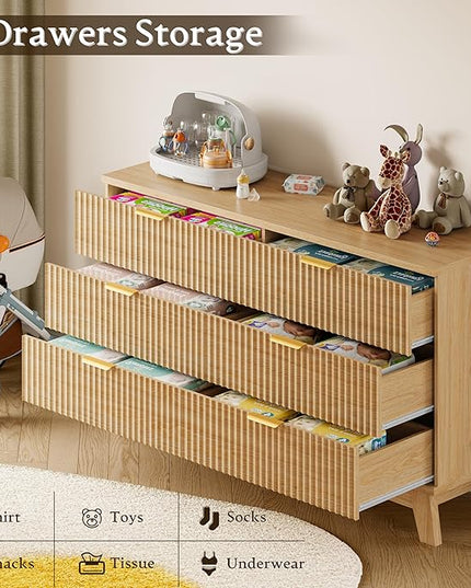 BORNOON 53" Long Dresser for Bedroom, 6-Drawer Dresser with Fluted Fronts, Wide Wood Chest of Drawers, Smooth Metal Slides, Stable Base, Modern Clothes Storage Cabinet for Living Room, Hallway
