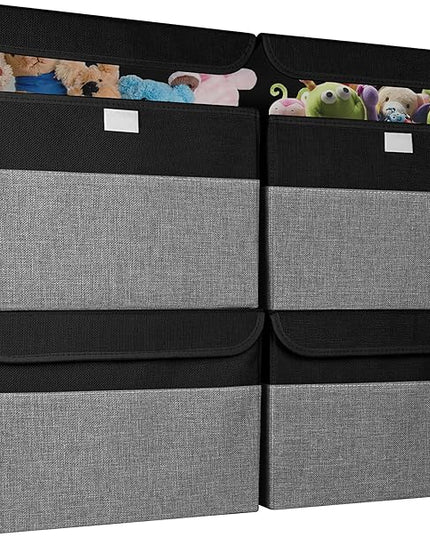 Large 22 Quart Linen Fabric Foldable Storage Bin Cube Organizer Basket with Flip-Top Lid & Handles, Clothes Blanket Box for Home, Office, Closet, Black & Gray, 4 Pack 14.6 x 9.5 x 9.5