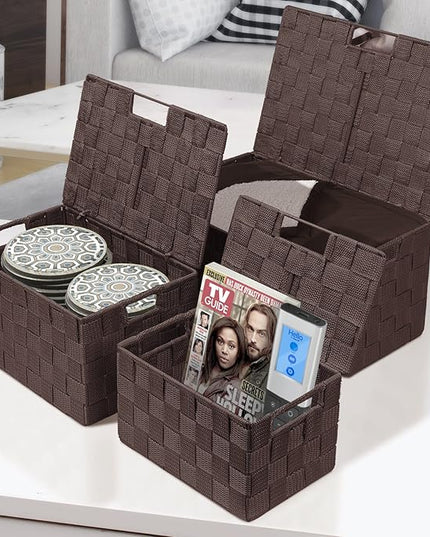 Sorbus Set of 3 Hand-Woven Storage Baskets with Lids – Decorative Wicker Organizers for Home, Closet, or Shelves (Choclate)