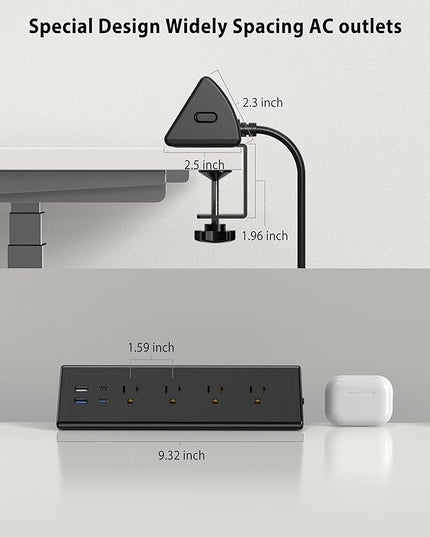 Jgstkcity Desk Clamp Power Strip,20W Fast Charging Station,Surge Protector Nightstand Edge Mount,1875W Extension Cord with Multiple Outlets,2 USB-C,2 USB-A,for Home Office (Black, 10 FT)