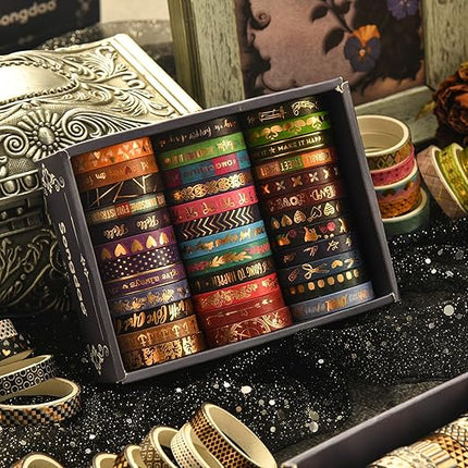 Songdao 36 Rolls Skinny Washi Tape Set Gold Foil Detailing Arts Adhesive Tapes Basic Patterns Decorative Masking Tape Sets for Craft, Kids, Scrapbook, DIY, Gift Wrapping (Bronzing Letters)
