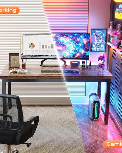 Huuger 55 x 24 inch Desk with Power Outlets & USB-C, Deeper & Thicker Desktop, Robust Metal Tubes, Computer Desk, Heavy Duty Office Desk, Work Gaming Desk for Home Office, Rustic Brown