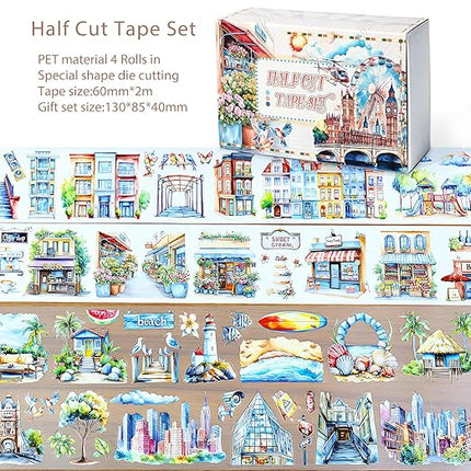 Snycler Pre-Cut The World Themed PET Washi Tapes - Vintage Aesthetic Tape Stickers for Journaling, Scrapbooking, Junk Journals, Crafts, Planners - 4 Rolls
