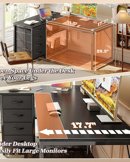 PRAISUN 43.3" Small Computer Desk with Power Outlets and USB-C Port, Reversible L Shaped Corner Office Desk with 4 Fabric Drawers and 2 Height-Adjustable Shelves, for Gaming Writing, Black