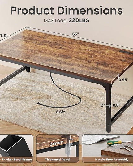 Huuger 63 x 31.5 inch Desk with Power Outlets & USB-C, 0.95 Inch Thicker Desktop, Robust Metal Tubes, Deep Computer Desk, Heavy Duty Office Desk, for Home Office, Rustic Brown
