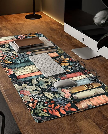 Floral Books Desk Mat Reading Desk Pad Mouse Mat XXL, Colorful Mouse Keyboard Pad Flower Bookshelf Desktop Mat, Long Computer Mats Aesthetic Desk Accessory Reader's Home Decor 31.5" x 15.7"
