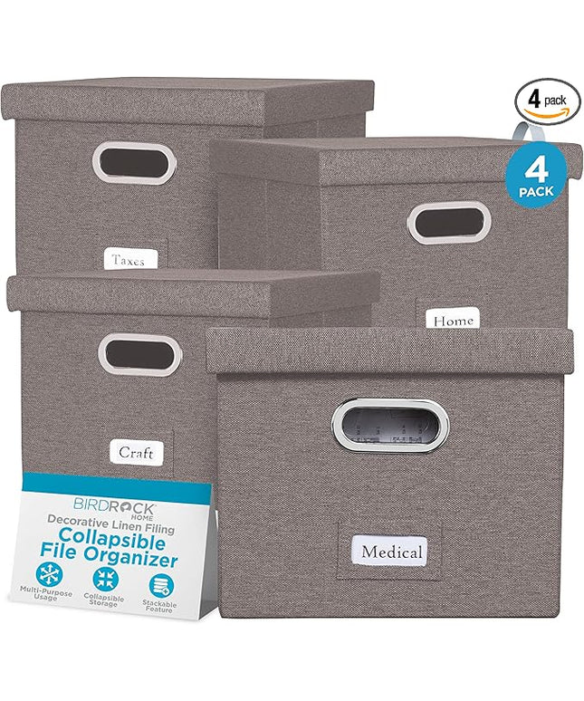 Internet's Best Collapsible File Storage Organizer with Lid - Decorative Linen Filing & Storage Office Box – Hanging Letter/Legal Folder – Home Office Bins Cabinet – Grey Container - 4 Pack