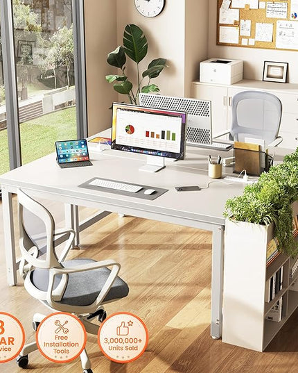 Huuger 55 x 24 inch Desk with Power Outlets & USB-C, Deeper & Thicker Desktop, Robust Metal Tubes, Computer Desk, Heavy Duty Office Desk, Work Gaming Desk for Home Office, White