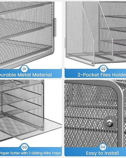 Lavatino 5-Tier Metal Mesh Desk Organizer with 2 File Holders & 7 Customizable Compartments | Paper Letter Tray for Office or Home Desk Storage | Keep Workspace Supplies Neat & Organized, Silver