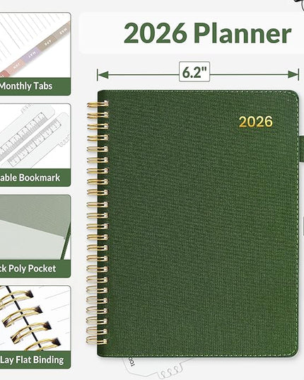 SUNEE 2026 Weekly & Monthly Planner 6.4"x8.5"- 12 Month (January 2026 - December 2026), Vegan Leather Cover, Pocket, Bookmark, Notes, Monthly Tab, Deep Green
