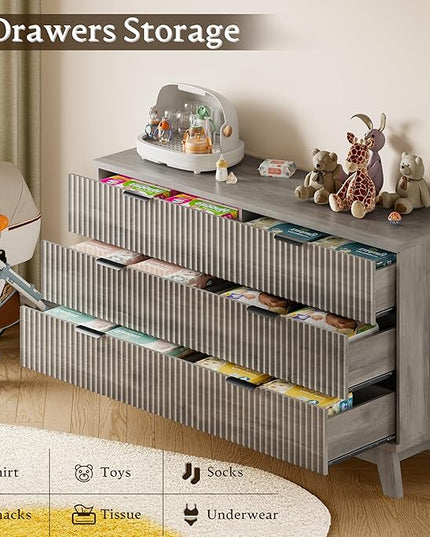 BORNOON 53" Long Dresser for Bedroom, 6-Drawer Dresser with Fluted Fronts, Wide Wood Chest of Drawers, Smooth Metal Slides, Stable Base, Modern Clothes Storage Cabinet for Living Room, Hallway