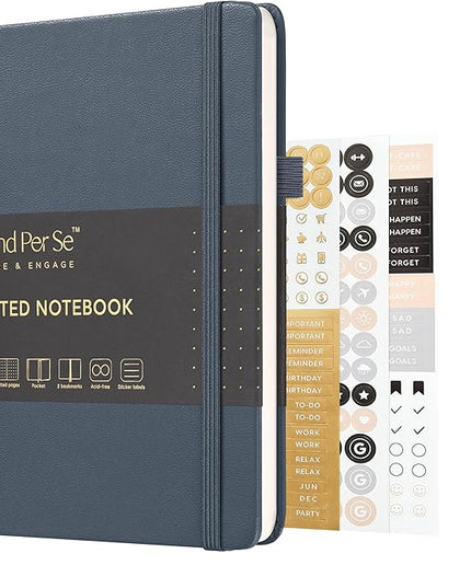 &And Per Se Dotted Journal Notebook, A5 Hardcover Leather Bullet Dotted Journal, 160 Pages 100 gsm Thick Paper, 3 Sheets of Stickers Included - 5.7'' x 8'' (Dark Blue)