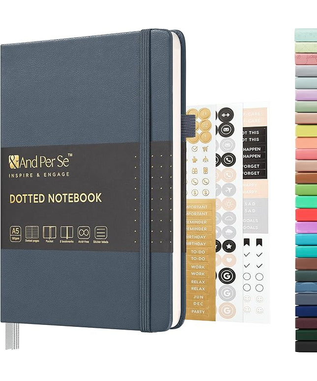 &And Per Se Dotted Journal Notebook, A5 Hardcover Leather Bullet Dotted Journal, 160 Pages 100 gsm Thick Paper, 3 Sheets of Stickers Included - 5.7'' x 8'' (Dark Blue)