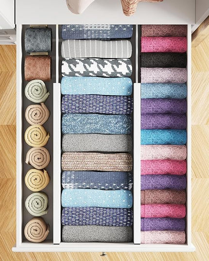 SpaceAid Bamboo 4 Pack Dresser Drawer Dividers, 4.65“ High Adjustable 17“-22” Drawer Organizers, Expandable Organization for Clothing, Clothes, Dressers, White
