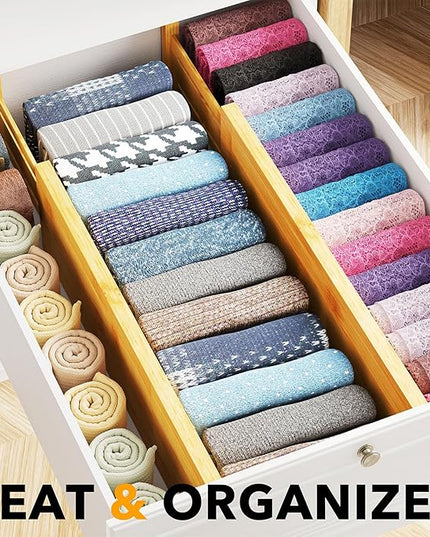 SpaceAid Bamboo 4 Pack Dresser Drawer Dividers, 4.65“ High Adjustable 17“-22” Drawer Organizers, Expandable Organization for Clothing, Clothes, Dressers, Natural