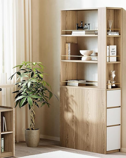 Bookcase with 3 Drawers and Storage Shelves, 71''Tall Corner Bookshelf with 3 Tier Open Double-Sided Design, Multi Functional Organizer, Wood Bookshelves for Home/Office, Light Walnut