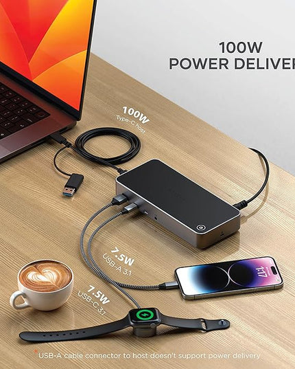 Satechi 13 in 1 Triple 4K USB C Docking Station, 100W Charging, 2 DP, 3 HDMI, 2 USB C, 3 USB-A, Gigabit Ethernet, and Audio Jack for Mac/Windows, MacBook Air/Pro M5/M4, DisplayLink Required