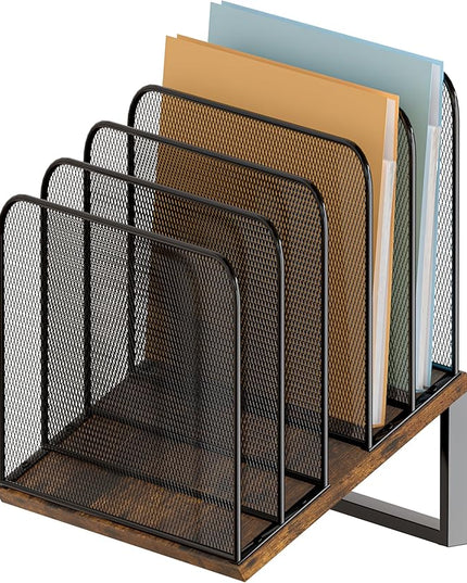 Piskyet Vertical File Organizer, 5-Section Vertical File Folder Holder Stand,Metal Mail Paper Chromebook Organizer for Teacher Desk Office Classroom Desktop Organization（Inclined）
