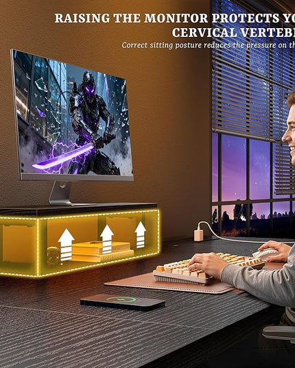 Gaming Desk with LED Light & Power Outlets, Computer Desk with Monitor Stand & 24mm Thicker Desktop,Office Writing Desk for Home Office, Study, Bedroom, Black