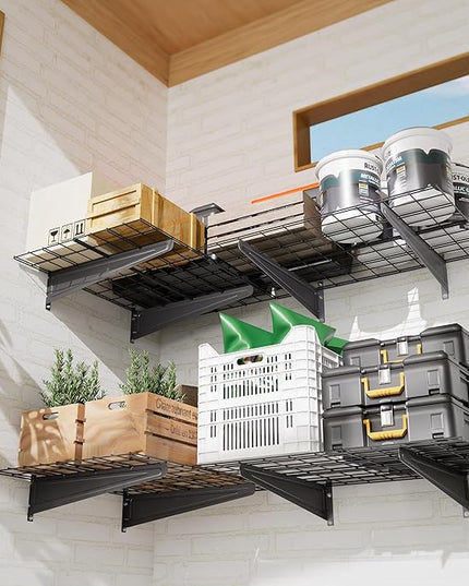 2-Pack 1x6ft Garage Wall Shelving, 12"x72" Shelf Storage Rack Floating Shelves Wall Mounted, Heavy Duty Storage Shelves, 800lbs Load Capacity, with 16 Hooks for Garage Organization, White