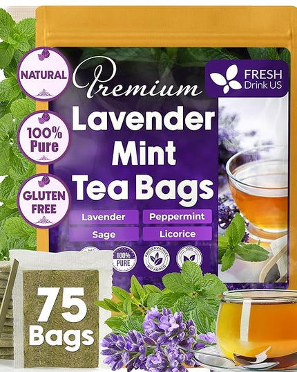 FreshDrinkUS, Premium 75 Tea Bags Lavender Mint Tea, 100% Natural, Blend of Lavender, Peppermint, Sage and Licorice. Made with Natural Material Tea Bags. No Sugar, No Caffeine, Vegan.