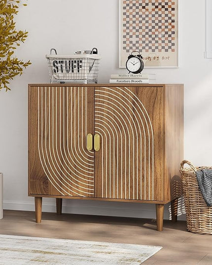 Elegant Line Groove Design Cabinet - Adjustable Shelf Storage, Multi-Use Coffee Bar, TV Console, Kitchen Organizer, Bookshelf - Waterproof MDF - Easy Assembly for Living Room, Dining, Foyer