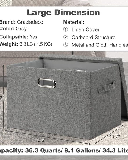Large 17" 36 Quart Collapsible Stackable Storage Bins with Lids, 3 Packs Grey Linen Fabric Closet Boxes with Lids, Storage Cube Baskets Container Organizers for Bedroom Office(17 x12 x11)