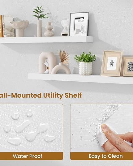 Fun Memories 40 Inch Floating Shelves, Long Wood Wall Shelf Set of 2 with Invisible Brackets, for Bathroom, Living Room, Bedroom, Kitchen, White