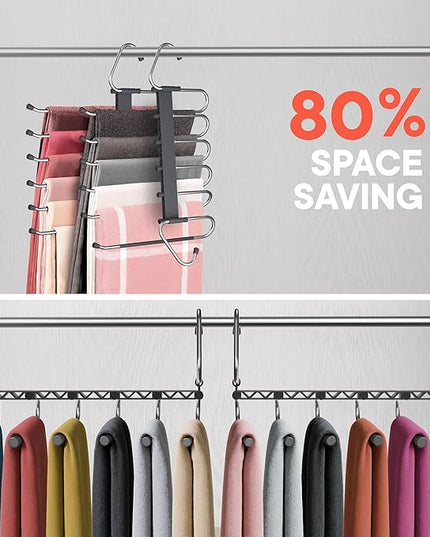 Space Saving Pants Hangers 4 Pack, 6 Layer Jeans Hangers and Closet Organizer for Jeans, Scarves, & Skirts, Multi-Layer Hanger with Anti-Slip Stopper, Heavy-Duty S-Type Stainless Steel, Gray