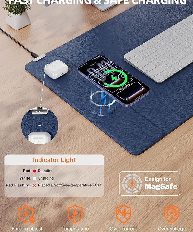 TopMade Mouse Pad with 15W Wireless Charging, XXL Large Leather Desk Mat, Waterproof Gaming Mousepad Home Office Desk Pad Protector, Computer Keyboard Pad, Mouse Mat for MacBook, PC, Laptop, Blue