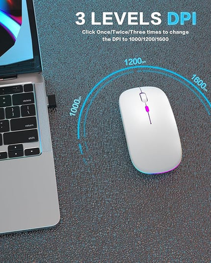 Wireless Bluetooth Mouse Rechargeable Laptop Mice with LED Use Portable(BT5.2 and USB 2.4G) Dual Mode Connection Silent Slim Computer Mouse for Laptop/iPad Tablet/Apple MacBook/PC(White)
