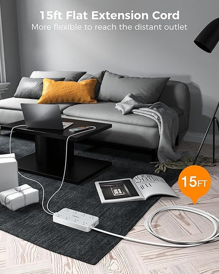 Flat Plug 15 FT Extension Cord, TESSAN Surge Protector Power Strip with 8 AC and 3 USB(1USB-C) Ports, 1080J Protection, Wall Mount Widely Spaced Charging Station for Home, Office, School, Dorm Room